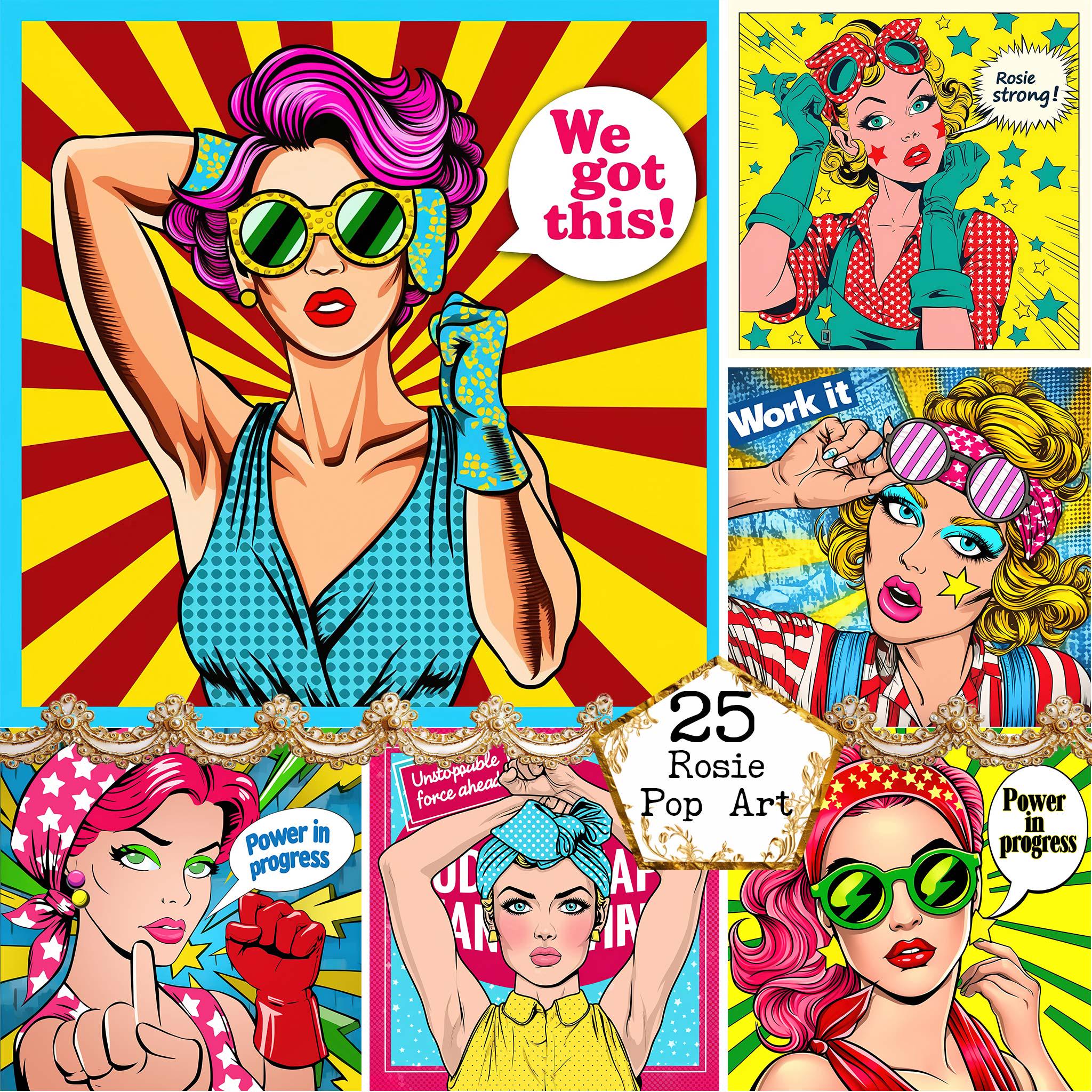 ポップアート リジィー WOMEN WHO WORK OUT 3D Pop Art Rosie the Riveter Bundle Clipart, Strong Woman, Rosie the