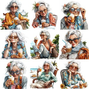 JPEG Watercolor Elderly Lady on Holliday Clipart Bundle Drinking Coffee ...