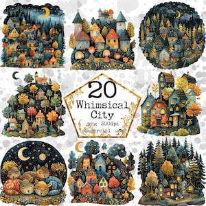 Paquete de imágenes prediseñadas de ciudad caprichosa de noche PNG Ilustración de imágenes prediseñadas de ciudad mágica de fantasía Descarga instantánea Manualidades de papel Diario basura Scrapbooking