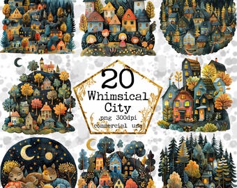 Paquete de imágenes prediseñadas de ciudad caprichosa de noche PNG Ilustración de imágenes prediseñadas de ciudad mágica de fantasía Descarga instantánea Manualidades de papel Diario basura Scrapbooking
