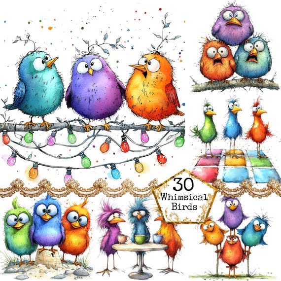 PNG + JPEG Colorful Watercolor Whimsical Birds Clipart Bundle Funny Bird Friends Art Instant Download Paper Crafts Junk Journal Scrapbooking