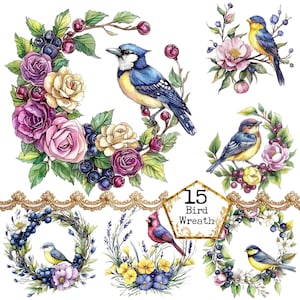 PNG + JPEG Acquerello Uccello Corona Clipart Bundle Primavera Clipart Ghirlanda Floreale Arte Download Istantaneo Carta Artigianato Junk Journal Scrapbooking