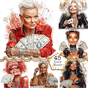 JPEG Acquerello Boss Donna Che Tiene Soldi Clipart Bundle Senior Lady Clipart Ragazza Ricca Download Istantaneo Carta Artigianato Junk Journal Scrapbooking