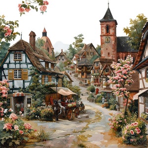 May include: A watercolor painting of a quaint European village with a church steeple, cobblestone streets, and colorful buildings. There are flowers in bloom and a horse-drawn carriage in the foreground.