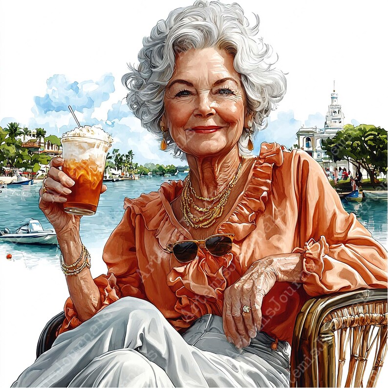 JPEG Watercolor Elderly Lady on Holliday Clipart Bundle Drinking Coffee ...