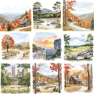 K&ouml;nnte beinhalten: Eine Collage aus neun Aquarellbildern, die verschiedene Herbstlandschaften darstellen. Die Szenen umfassen eine H&uuml;tte im Wald, einen See mit einem Kanu, eine Berglandschaft, eine Skyline der Stadt und ein Feld mit Felsen. Die Bilder sind alle in warmen Farben gehalten, mit Schattierungen von Braun, Orange, Gelb und Rot.