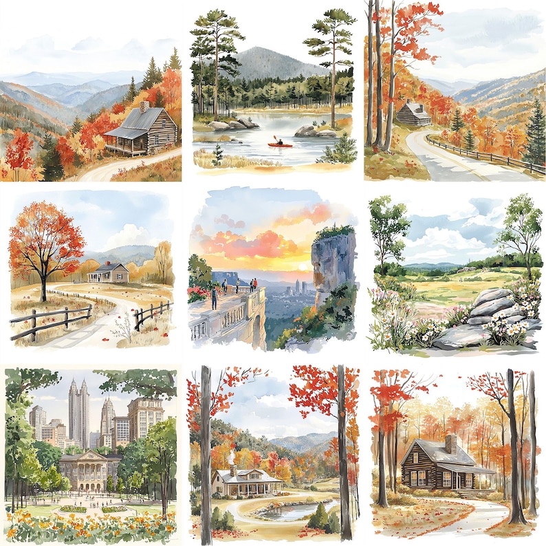 K&ouml;nnte beinhalten: Eine Collage aus neun Aquarellbildern, die verschiedene Herbstlandschaften darstellen. Die Szenen umfassen eine H&uuml;tte im Wald, einen See mit einem Kanu, eine Berglandschaft, eine Skyline der Stadt und ein Feld mit Felsen. Die Bilder sind alle in warmen Farben gehalten, mit Schattierungen von Braun, Orange, Gelb und Rot.