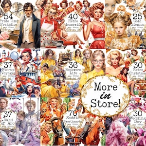 Op de afbeelding: Een collage van digitale illustraties met verschillende vrouwen in vintage stijl in verschillende omgevingen. De illustraties zijn voorzien van titels zoals "Pride and Prejudice", "Retro Housewife", "Pin-up Voyages", "Bookworm Life", "Saddle Sweethearts", "Retro Christmas", "Wedding Day" en "Gold Sienna". De tekst "Meer in de winkel!" wordt weergegeven in een grote, goudomrande cirkel.