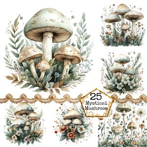 Bundle de cliparts aquarelle champignon magique, clipart fée champignon lumineux, téléchargement immédiat, travaux manuels en papier, journal indésirable, scrapbooking