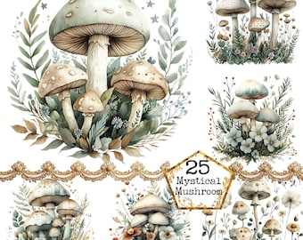 PNG + JPEG Aquarell Magischer Pilz Clipart Bundle glühender Pilz Fee Clipart Sofortiger Download Papier Handwerk Junk Journal Scrapbooking
