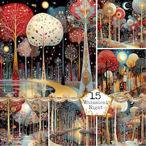Puede incluir: Una colección de grabados artísticos caprichosos con árboles y paisajes coloridos y estilizados. La obra de arte incluye una variedad de colores, incluyendo rojo, blanco y dorado, con un fondo de cielo nocturno. El texto "15 Whimsical Night" es visible.