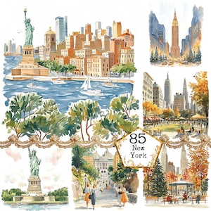 JPEG Acquerello New York Clipart Bundle USA Clipart Città Clipart Stato Clipart Download immediato Artigianato di carta Giornale spazzatura Scrapbooking