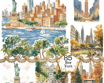 May include: A watercolor illustration of various scenes in New York City. The illustration includes the Statue of Liberty, the Empire State Building, Central Park, and other iconic landmarks. The illustration is titled "85 New York".