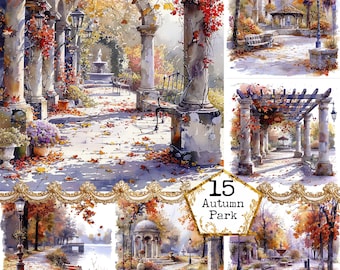 Watercolor Autumn Park Scenery JPEG Commercial Use Bench Clipart Gazebo Autumn Leave Instant Download Paper Crafts Junk Journal Scrapbooking