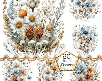 JPEG Wild Boho Flower Clipart Bundle Floral Abstract Florals Commercial Use Instant Download Paper Crafts Junk Journal Scrapbooking