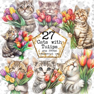 PNG Aquarell Katze hält Tulpen Clipart Bundle Blumenstrauß Lustige Katze Clipart Sofortiger Download Papier Handwerk Junk Journal Scrapbooking
