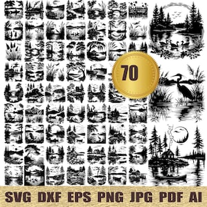 May include: A set of 70 black and white SVG cut files featuring various lake and nature scenes. The images include trees, water, boats, and other natural elements. The files are perfect for crafting, scrapbooking, and other creative projects.