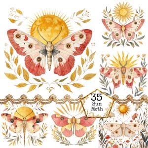 PNG + JPEG Aquarell Sonne Motte Clipart Bundle Frühling Clipart mystische Motten Art Instant Download Papier Handwerk Junk Journal Scrapbooking