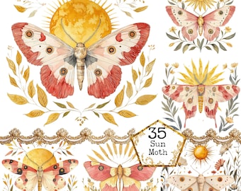 PNG + JPEG  Watercolor Sun Moth Clipart Bundle Spring Clipart Mystical Moths Art Instant Download Paper Crafts Junk Journal Scrapbooking