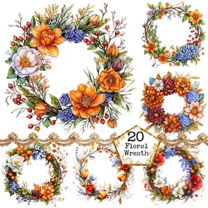 PNG + JPEG  Watercolor Autumn Wreath Clipart Bundle Spring Clipart Floral Wreath Art Instant Download Paper Crafts Junk Journal Scrapbooking