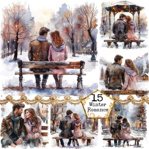JPEG Akwarela Para w Zimowej scenerii Clipart Bundle JPEG Miłość Clipart Komercyjny Natychmiastowe pobieranie Papierowe rzemiosło Dziennik śmieci Scrapbooking