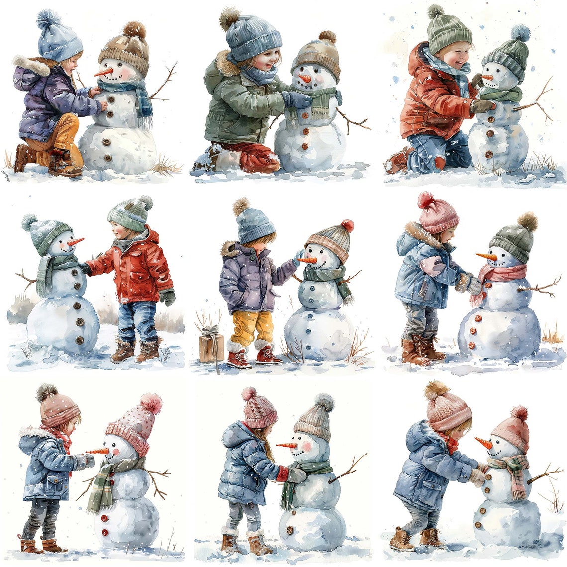 JPEG Watercolor Little Child Building Snowman Clipart Bundle Snow ...