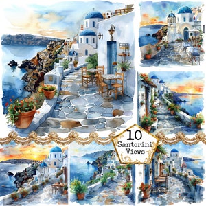 Pacchetto di clipart dell'isola di Santorini ricoperta di fiori Clipart europea JPEG Download istantaneo Artigianato di carta per le vacanze Junk Journal Scrapbooking