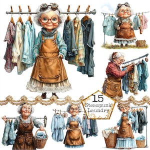 Imágenes prediseñadas de señora mayor Steampunk en formato JPEG que lava la ropa Imágenes prediseñadas de abuela que lava la casa en Shores Descarga instantánea Manualidades de papel Diario basura Scrapbooking