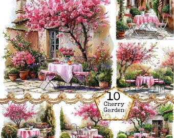 May include: A collage of six images featuring charming outdoor scenes with pink cherry blossom trees, tables with pink tablecloths, and chairs. The images are arranged in a grid pattern with the text "10 Cherry Garden" in the center.