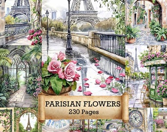 230 Vintage Paris - Printable Pages, French Junk Journal, Spring Bloom Digital Collage Sheet Flowers
