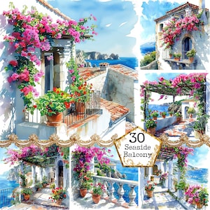 Bundle de cliparts aquarelle balcon JPEG île grecque Téléchargement instantané Balcon bord de mer JPEG artisanat papier Junk Journal Scrapbooking