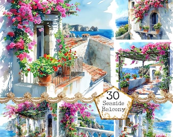 JPEG Watercolor Balcony Clipart Greek Island Clipart Bundle Instant Download Seaside Balcony JPEG Paper Crafts Junk Journal Scrapbooking