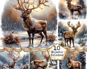 JPEG Winter Majestic Reindeer Printable Backgrounds Scrapbook Paper Watercolor Art Instant Download Paper Crafts Junk Journal Scrapbooking