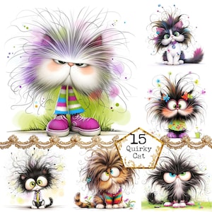 Bundle de cliparts aquarelle chat fantaisiste aquarelle chat excentrique Clipart drôle de chien Téléchargement instantané Artisanat en papier Journal indésirable Scrapbooking