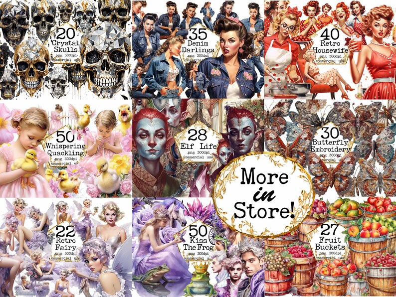 K&ouml;nnte beinhalten: Eine Collage aus digitalen Illustrationen zu verschiedenen Themen, darunter Sch&auml;del, Feen, Elfen, Schmetterlinge und Fr&uuml;chte. Die Bilder sind mit Nummern und Beschreibungen versehen, wie z. B. "20 Crystal Skulls", "50 Whispering Quackling" und "30 Butterfly Embroidery". Der Text "More in Store!" wird in einer gro&szlig;en, dekorativen Schriftart angezeigt.