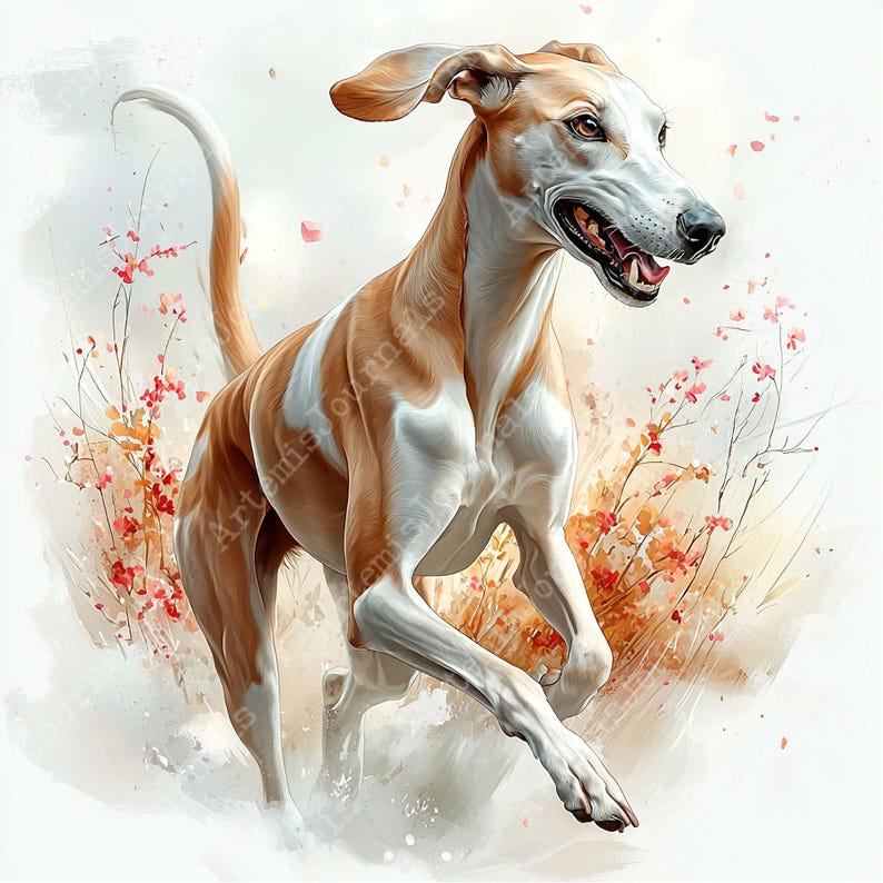 May include: A white and brown dog with a long snout runs through a field of orange and red flowers. The dog's tongue is sticking out and its ears are perked up.