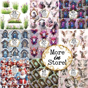 K&ouml;nnte beinhalten: Eine Collage aus digitalen Bildern mit verschiedenen Designs, darunter bl&uuml;hendes Gras, lustige Tauben, 3D-Feent&uuml;ren, eine florale Kuh, ein engelsgleiches Schwein, ein Weihnachtsmann, ein Wurzelrahmen und eine Engelsstatue. Der Text "Mehr im Shop!" wird in einem goldenen Kreis angezeigt.