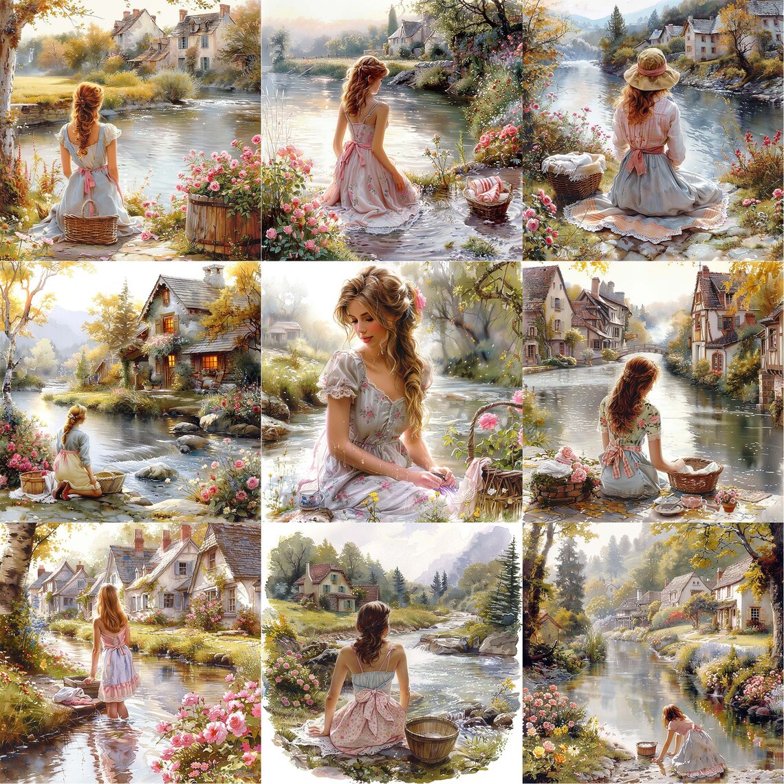 Vintage Shabby Chic Girl at the River Washing Clothes JPEG Laundry Day ...