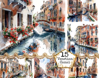 May include: A collage of watercolor paintings depicting scenes of canals in Venice, Italy. The paintings feature colorful buildings, gondolas, bridges, and water. The title "15 Venetian Canal" is displayed in the center of the collage.