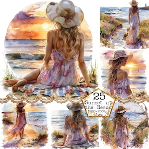 Strand Szenerie mit einem Mädchen Clipart Bundle JPEG Sommer Clipart Meer Clipart Wildblumen Sofortiger Download Papier Handwerk Junk Journal Scrapbooking