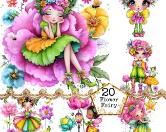 Flower Fairy - Watercolor Clipart Bundle PNG + JPEG format Paper Crafts Junk Journal Scrapbooking