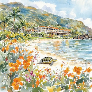 a painting of a sea turtle on a beach