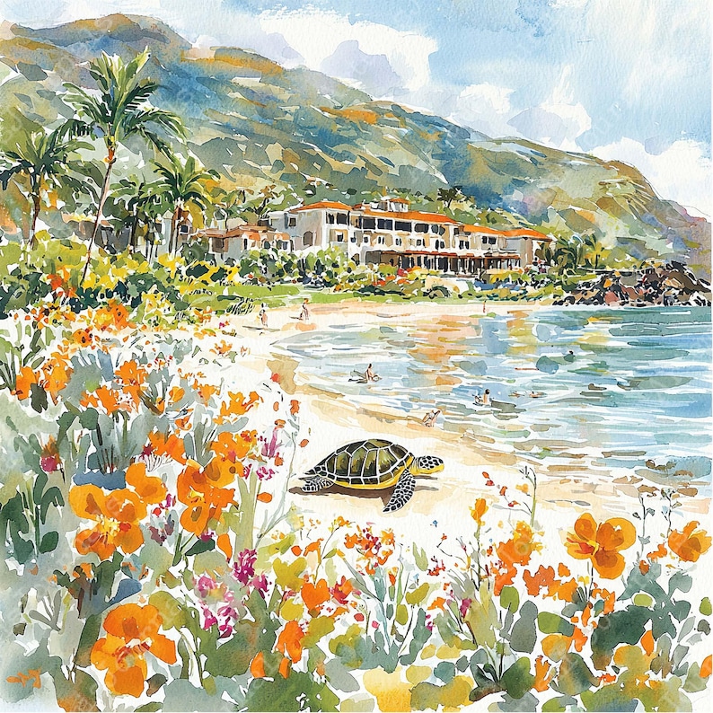 a painting of a sea turtle on a beach
