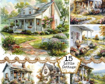 JPEG acuarela Cottage Clipart Bundle JPEG Village House Cottagecore Uso comercial Descarga instantánea Artesanías de papel Diario basura Scrapbooking