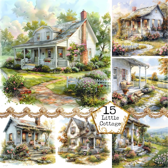 JPEG Watercolor Cottage Clipart Bundle JPEG Village House Cottagecore Commercial Use Instant Download Paper Crafts Junk Journal Scrapbooking