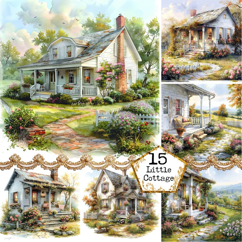 Puede incluir: Un collage de 15 acuarelas que representan encantadoras casas de campo con exuberantes jardines verdes, vallas blancas y caminos de piedra. Las casas est&aacute;n pintadas en tonos de blanco y gris, con acentos de marr&oacute;n y verde. Los jardines est&aacute;n llenos de flores coloridas, incluyendo rosas, hortensias y margaritas. Las pinturas est&aacute;n enmarcadas con un borde dorado decorativo.