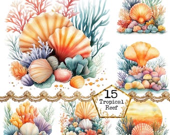 Paquete de imágenes prediseñadas PNG + JPEG de arrecifes de coral tropicales en acuarela. Imágenes prediseñadas de la vida. Arte de verano. Descarga instantánea. Manualidades en papel. Diario basura. Scrapbooking.