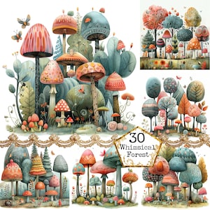 Ensemble de cliparts lunatique forêt de champignons géants JPEG Illustration magique de la forêt Téléchargement instantané Artisanat en papier Journal indésirable Scrapbooking
