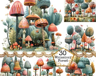 Paquete de imágenes prediseñadas de bosque de hongos gigantes caprichosos en formato JPEG, ilustración de bosque mágico, descarga instantánea, manualidades con papel, diario basura, álbumes de recortes