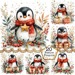 Paquete de imágenes prediseñadas de pingüino navideño en acuarela JPEG, imágenes prediseñadas festivas, imágenes prediseñadas navideñas, descarga instantánea, manualidades con papel, diario basura, álbumes de recortes